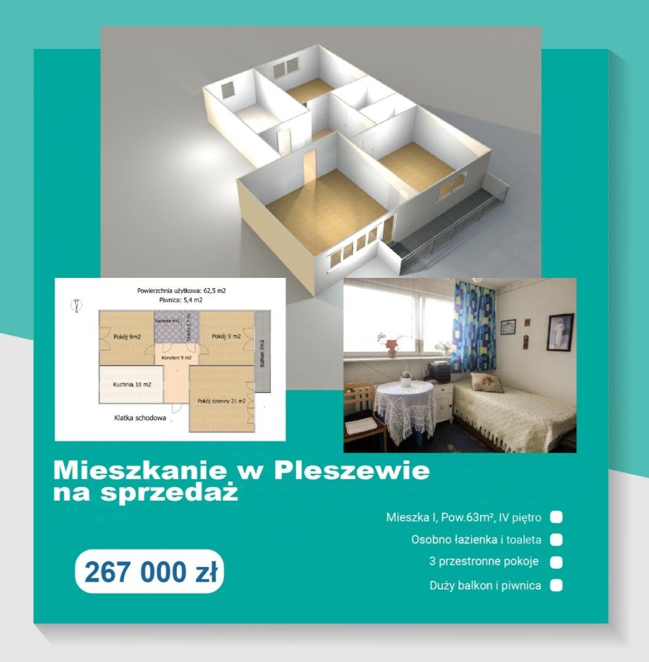 Mieszkanie 3-pokojowe Pleszew, ul. Mieszka I