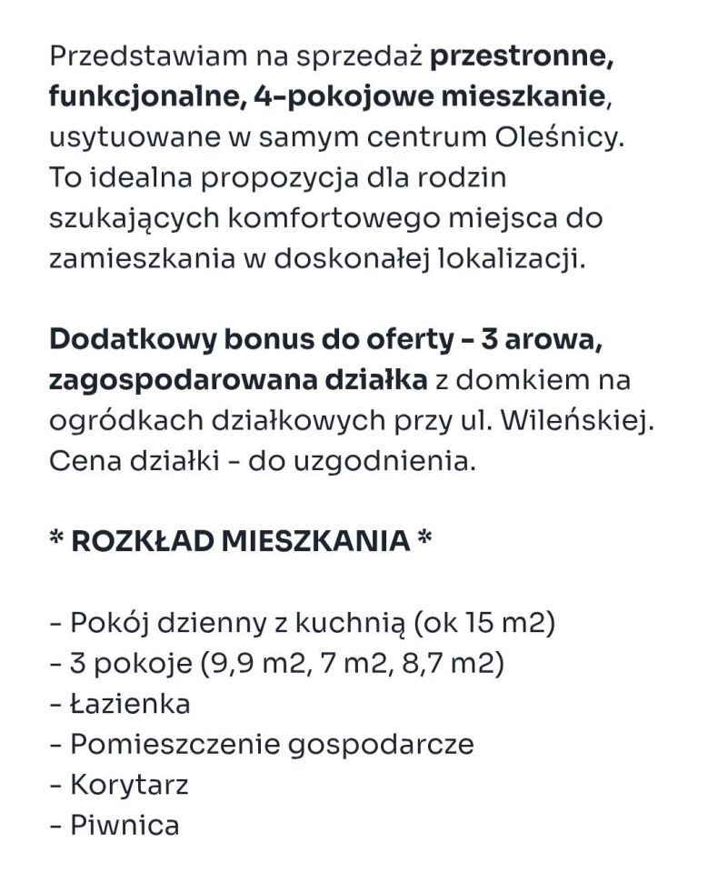 Mieszkanie 4-pokojowe Oleśnica Centrum, ul. Jana Kilińskiego