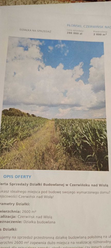 Działka rolno-budowlana Czerwińsk nad Wisłą