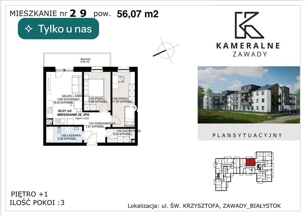 Mieszkanie 3-pokojowe Białystok Zawady, ul. św. Krzysztofa. Zdjęcie 1