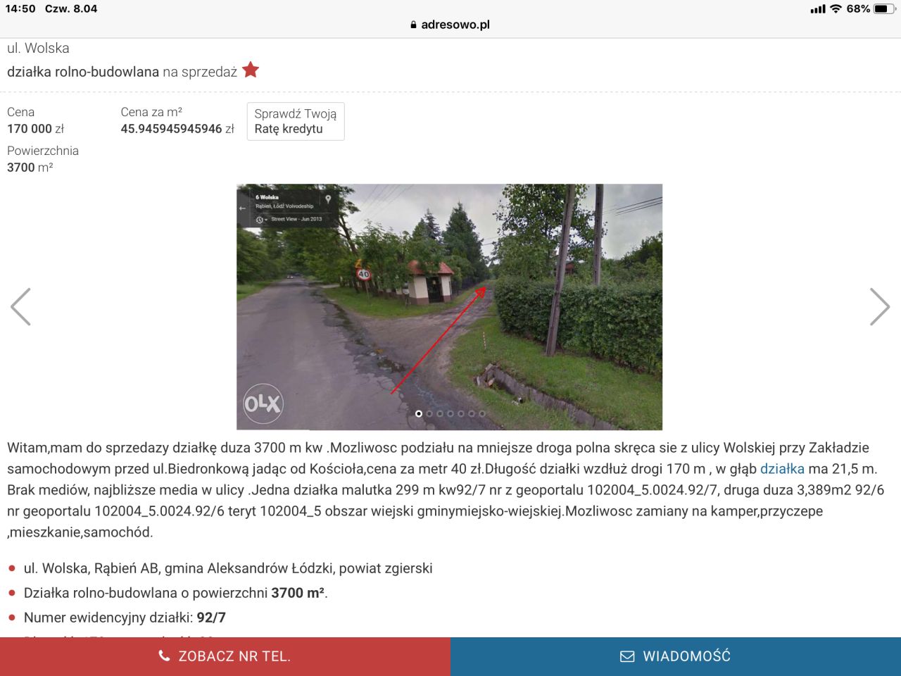 Działka rolno-budowlana Rąbień, ul. Wolska