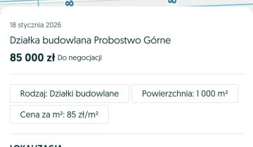 Działka budowlana Probostwo Górne