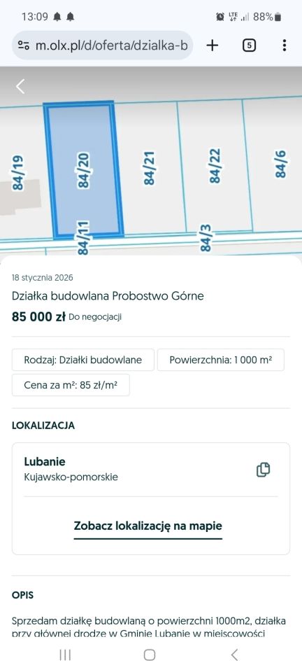 Działka budowlana Probostwo Górne