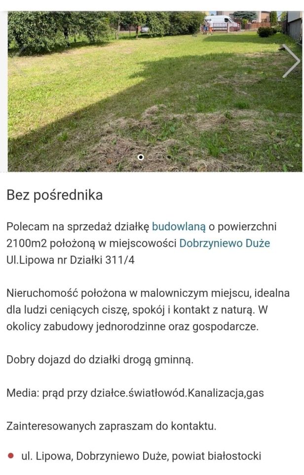 Działka rolno-budowlana Dobrzyniewo Duże, ul. Lipowa