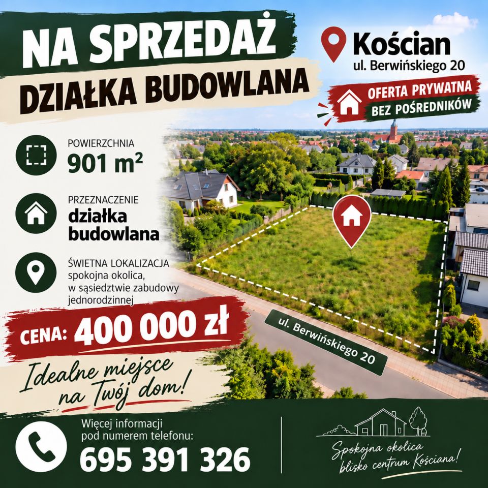 Działka budowlana Kościan, ul. Ryszarda Berwińskiego. Zdjęcie 1