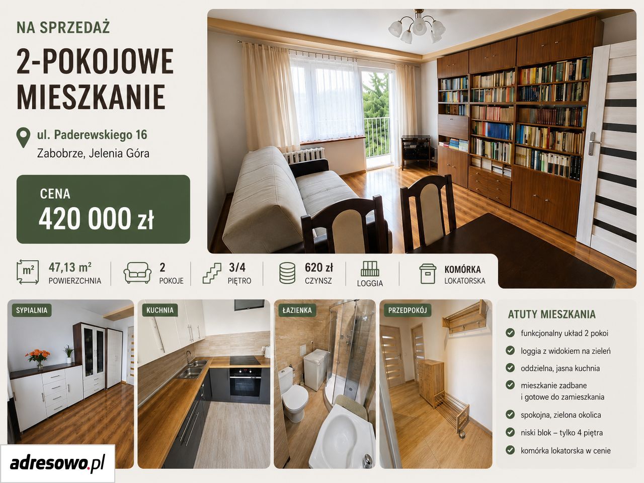 Mieszkanie 2-pokojowe Jelenia Góra Zabobrze, ul. Ignacego Paderewskiego. Zdjęcie 2