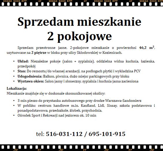 Mieszkanie 2-pokojowe Kozienice, Skłodowskiej