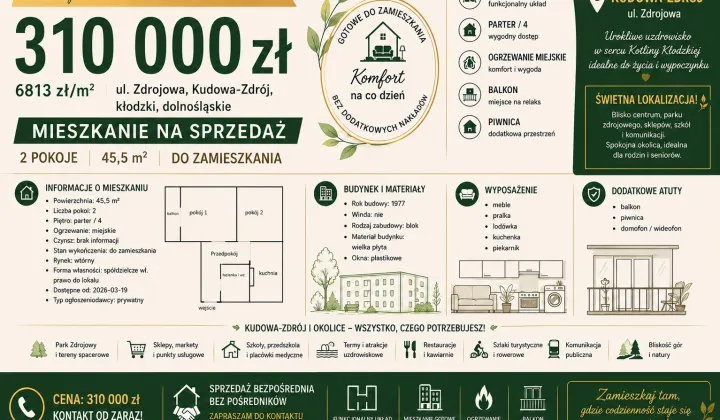 Mieszkanie 2-pokojowe Kudowa-Zdrój, ul. Zdrojowa
