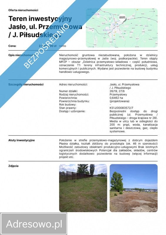 Działka inwestycyjna Jasło, ul. Przemysłowa