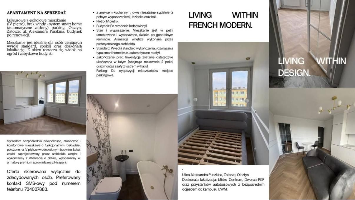 Mieszkanie 3-pokojowe Olsztyn Zatorze, ul. Aleksandra Puszkina