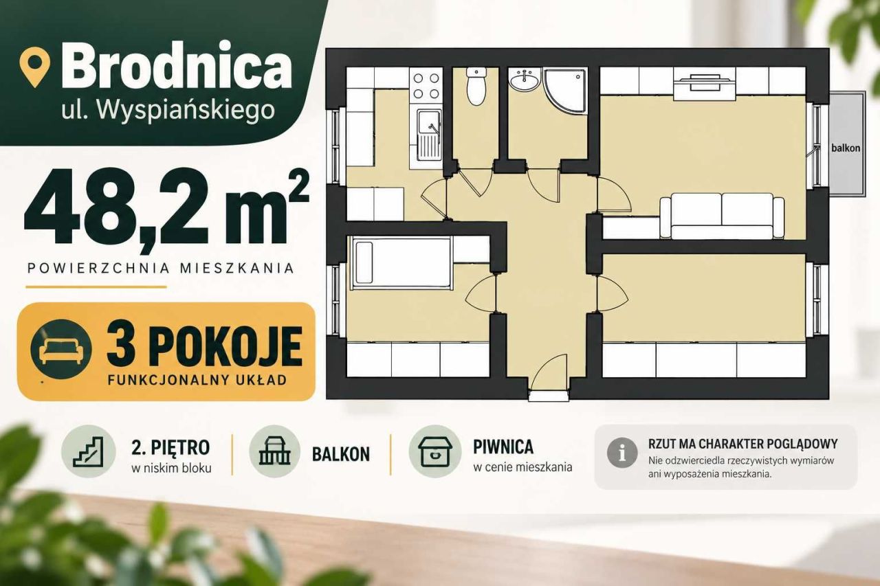 Mieszkanie 3-pokojowe Brodnica, ul. Stanisława Wyspiańskiego. Zdjęcie 2