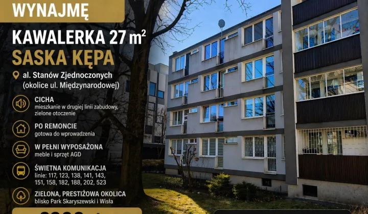 Mieszkanie 1-pokojowe Warszawa Saska Kępa, al. Stanów Zjednoczonych