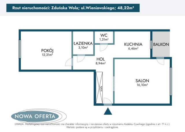 Mieszkanie 2-pokojowe Zduńska Wola, ul. Henryka Wieniawskiego. Zdjęcie 14