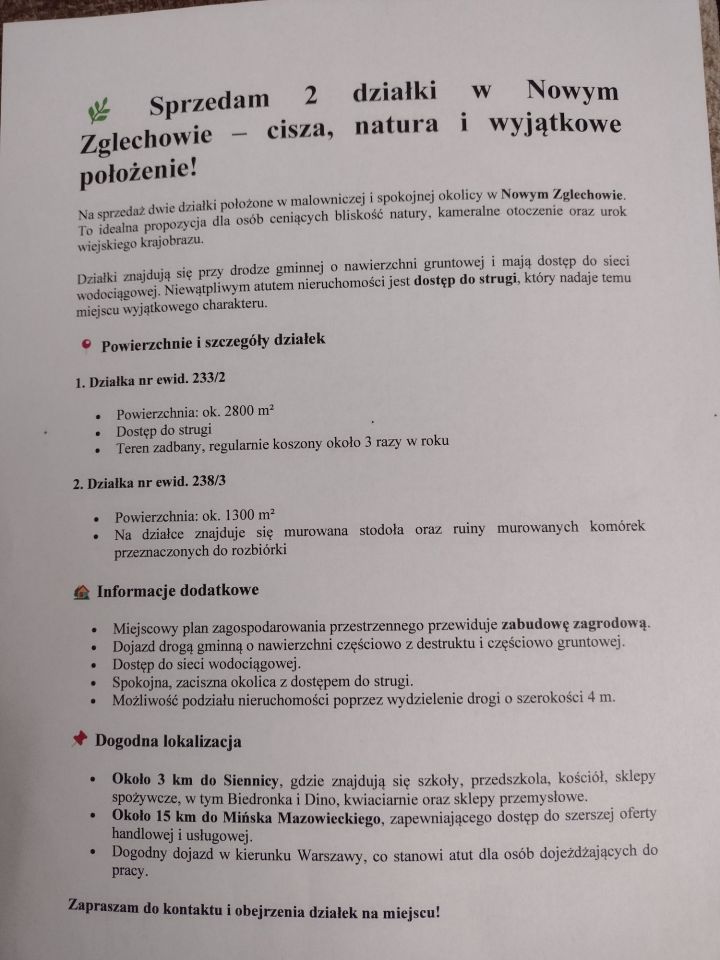 Działka siedliskowa Nowy Zglechów. Zdjęcie 2