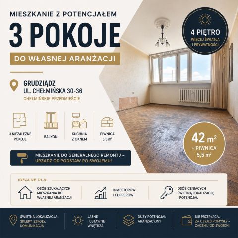 Mieszkanie 3-pokojowe Grudziądz Chełmińskie Przedmieście, ul. Chełmińska. Zdjęcie 1