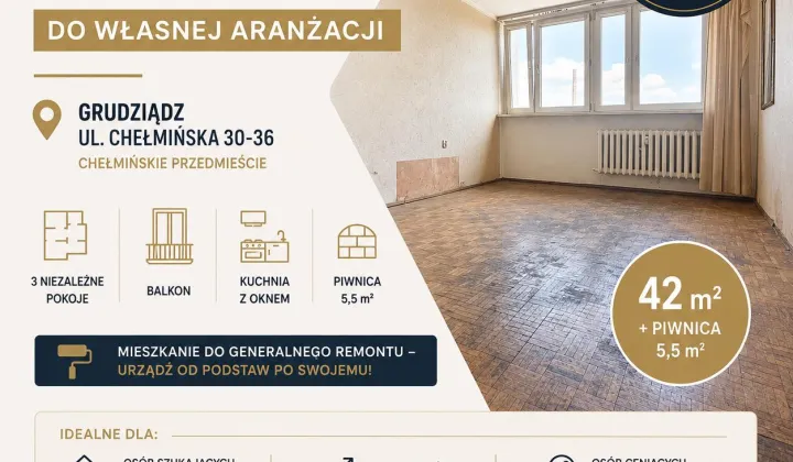 Mieszkanie 3-pokojowe Grudziądz Chełmińskie Przedmieście, ul. Chełmińska
