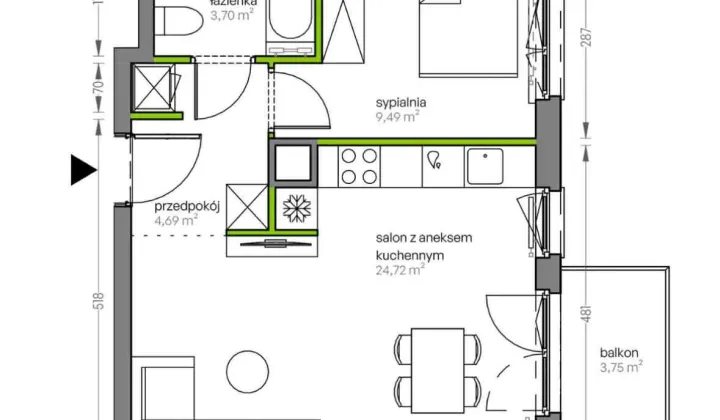 Mieszkanie 2-pokojowe Kraków Podgórze, ul. Myśliwska