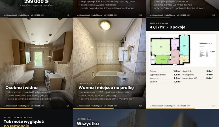 Mieszkanie 3-pokojowe Ruda Śląska Ruda, ul. Adama Mickiewicza