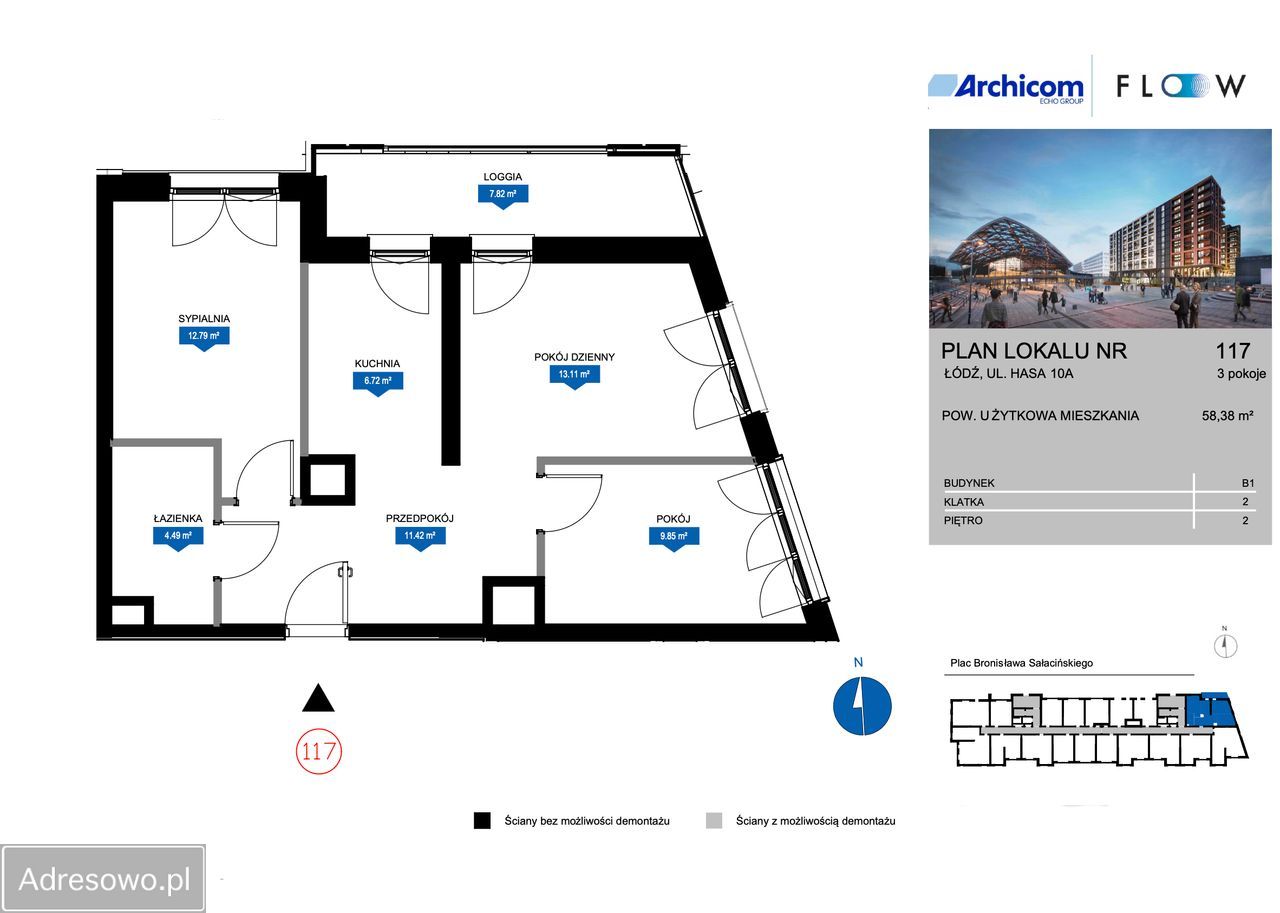 Mieszkanie 3-pokojowe Łódź Śródmieście, ul. Wojciecha Hasa. Zdjęcie 6
